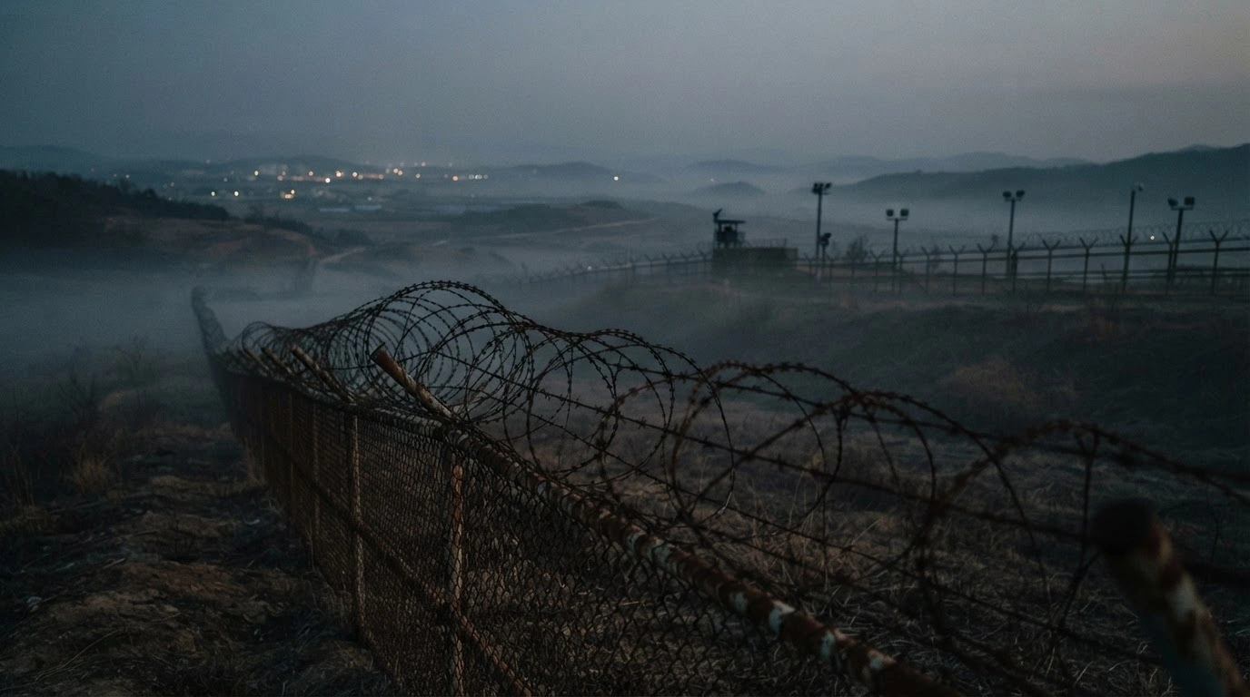 A desolate border landscape with barbed wire fences represents the rising tensions between North Korea and South Korea.
