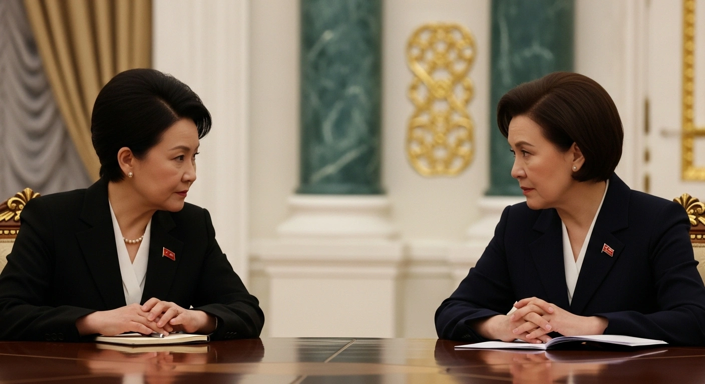 North Korea's Foreign Minister, Choe Son Hui, and Russia's Foreign Minister, Sergei Lavrov, are engaged in high-level diplomatic discussions across a polished table in a dimly lit, ornate room, symbolizing the strengthening strategic cooperation between Pyongyang and Moscow.