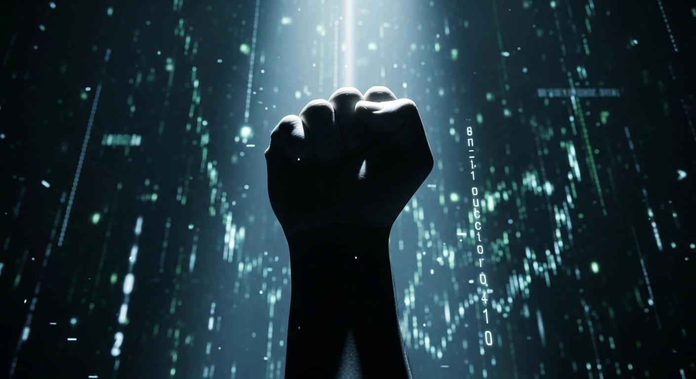 A stark, low-angle image depicts a defiant, clenched fist silhouette rising against a backdrop of glowing digital code and data streams, symbolizing North Korea's unwavering stance against US Treasury sanctions for cybercrime and IT worker fraud.