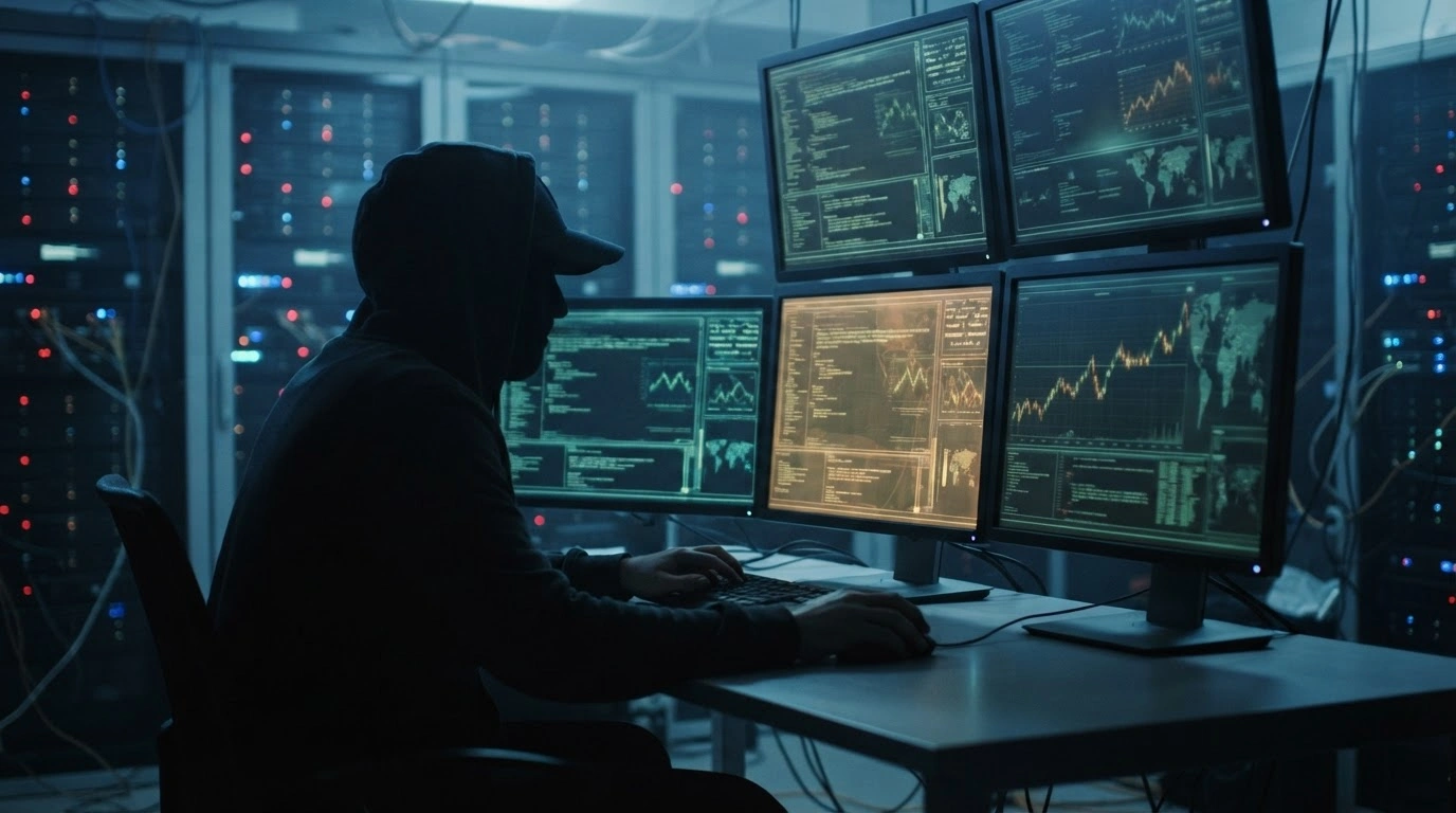 A shadowy figure monitors complex digital data streams on multiple screens, representing North Korean state-linked hackers involved in large-scale cryptocurrency thefts.
