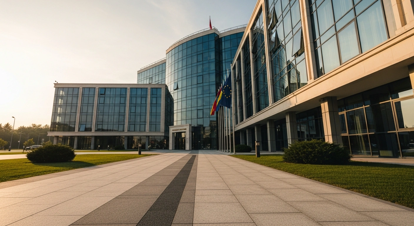 A modern government building in North Macedonia stands as a symbol of the country's ongoing efforts to meet European Union accession requirements.