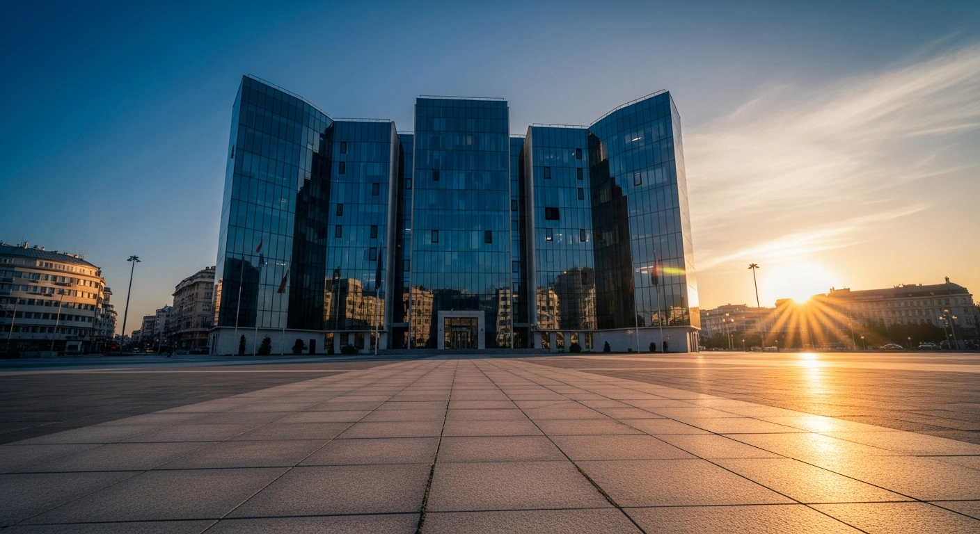 A modern government building in North Macedonia stands under a golden sunset as the country works toward European Union accession.