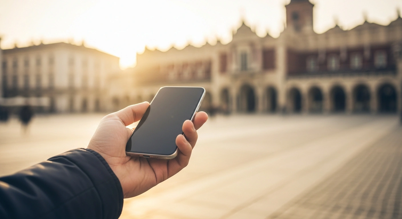 A traveler uses a smartphone in a European city square to represent North Macedonia negotiating to join the EU Roam Like At Home system.