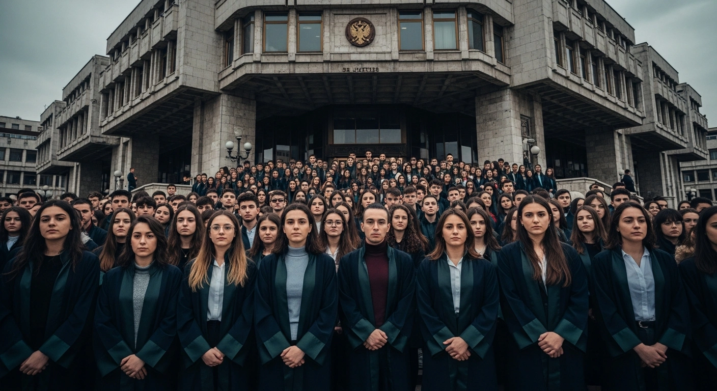 Law students gather in front of the Ministry of Justice in Skopje to protest for the right to take the state bar exam in the Albanian language.