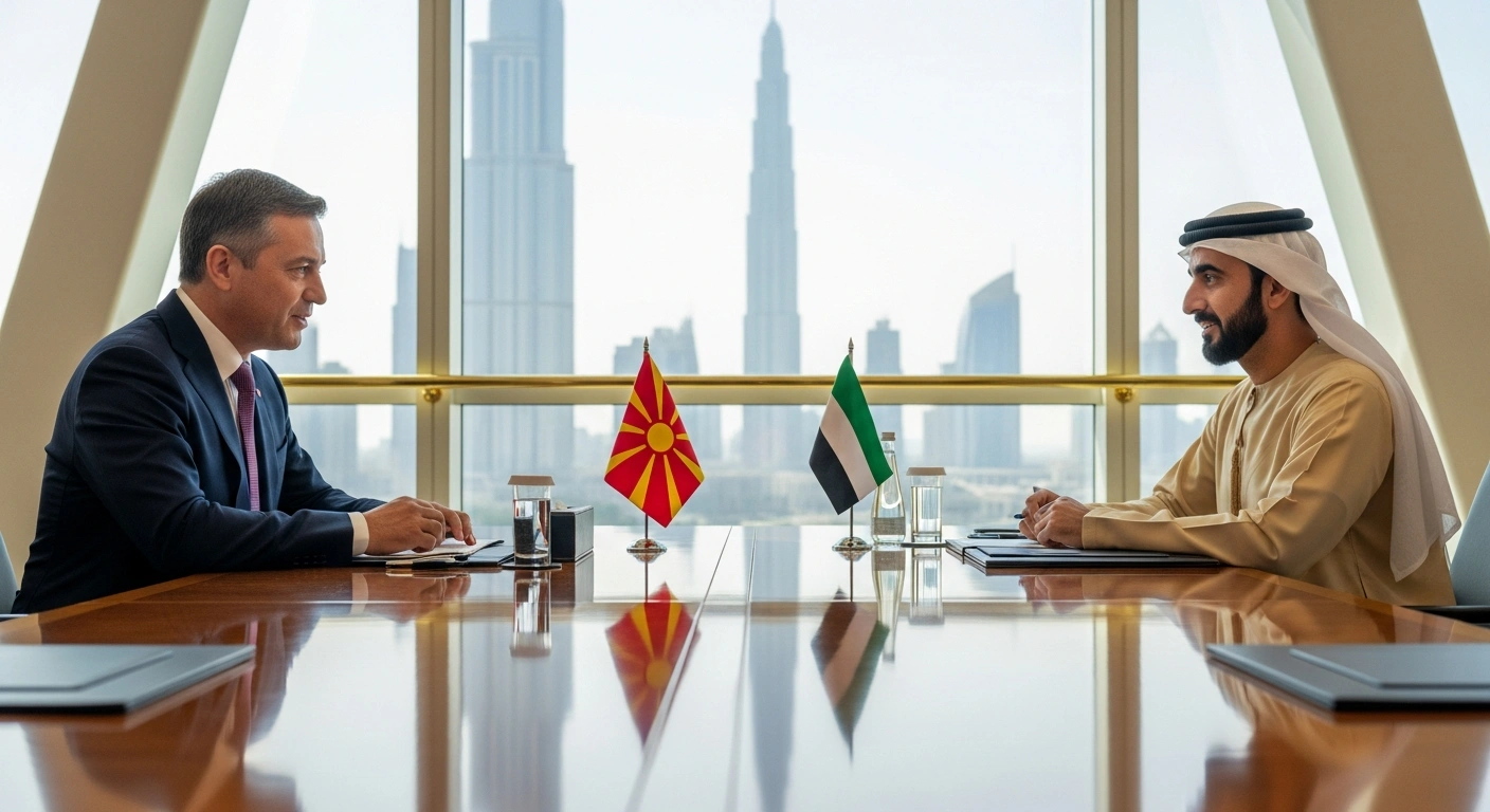 North Macedonia's President Gordana Siljanovska-Davkova and UAE President Sheikh Mohamed bin Zayed Al Nahyan are seated at a polished conference table, engaged in discussion at the World Governments Summit in Dubai.