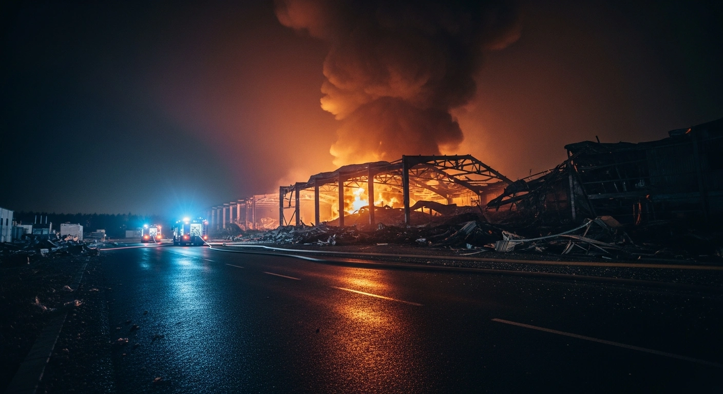 Emergency responders work at the scene of a destroyed fireworks warehouse in North Ossetia-Alania, Russia, following a fatal explosion.