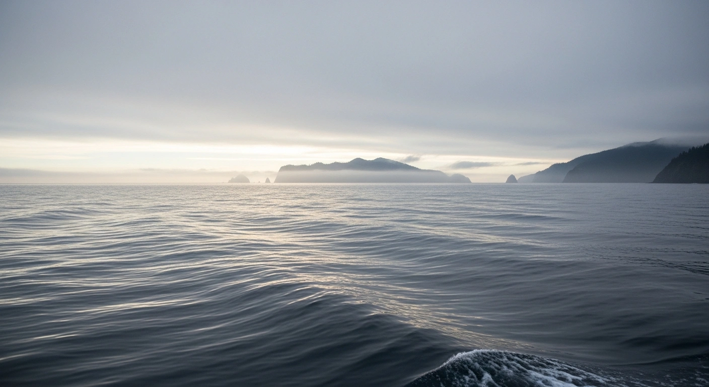 A serene, low-angle view of the North Pacific Ocean at dawn, with subtle swells on the water and a distant island silhouette, depicting the location of a moderate magnitude 4.3 earthquake near Sakhalin Oblast, Russia, on February 22, 2026, which occurred at a depth of 117 kilometers with no reported damage.