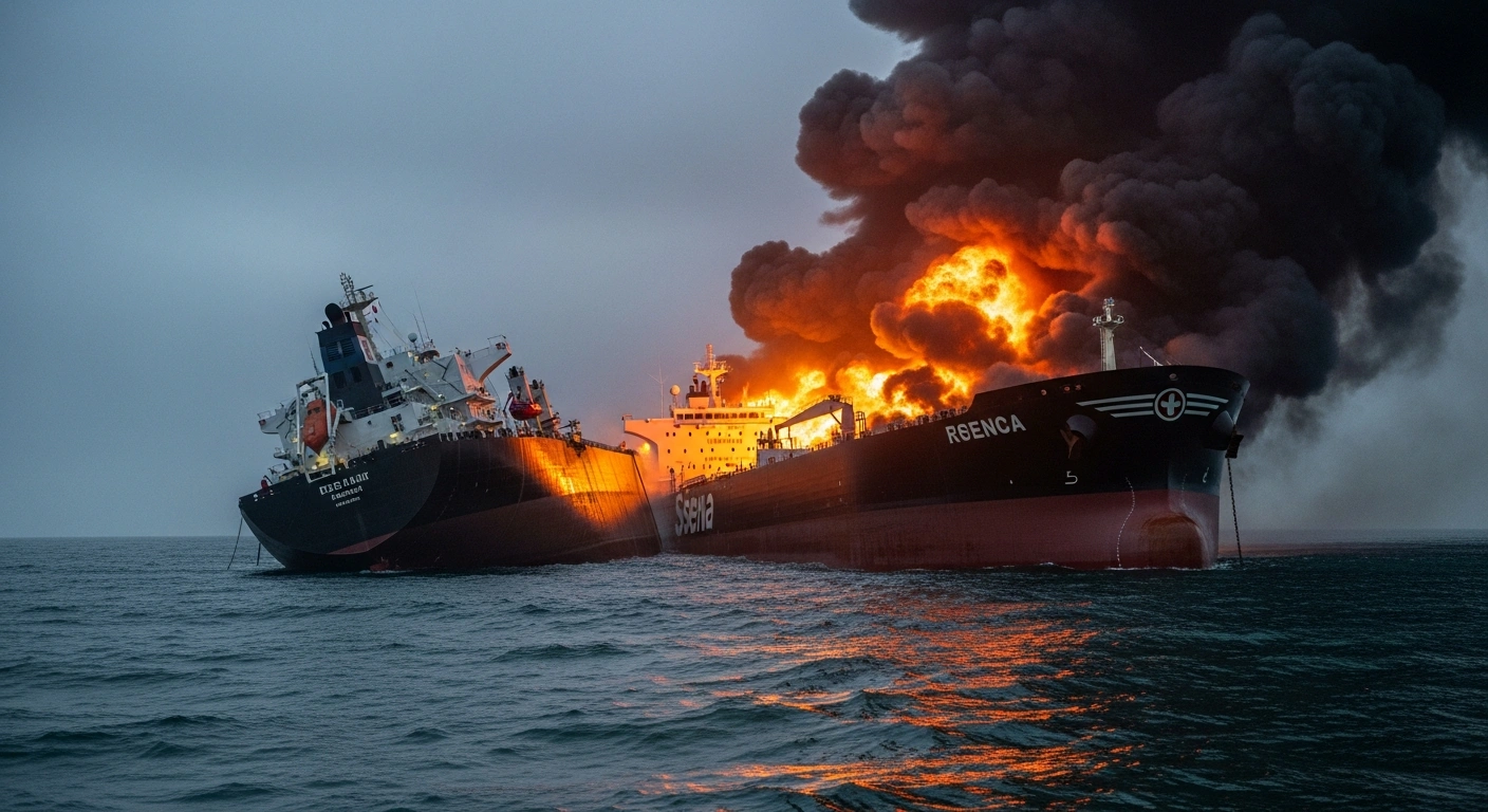 A massive oil tanker is engulfed in a fiery inferno next to a damaged cargo ship in the turbulent North Sea, with thick smoke billowing into the pre-dawn sky, depicting the aftermath of a maritime collision.