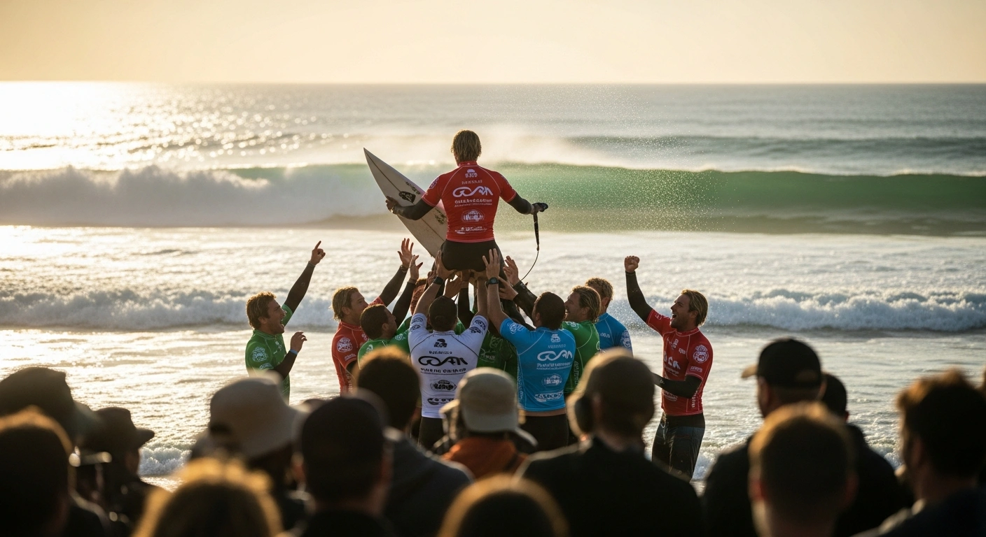 The North Shelly Boardriders Club celebrates their victory at the 2026 Australian Boardriders Battle Grand Final on the Gold Coast.