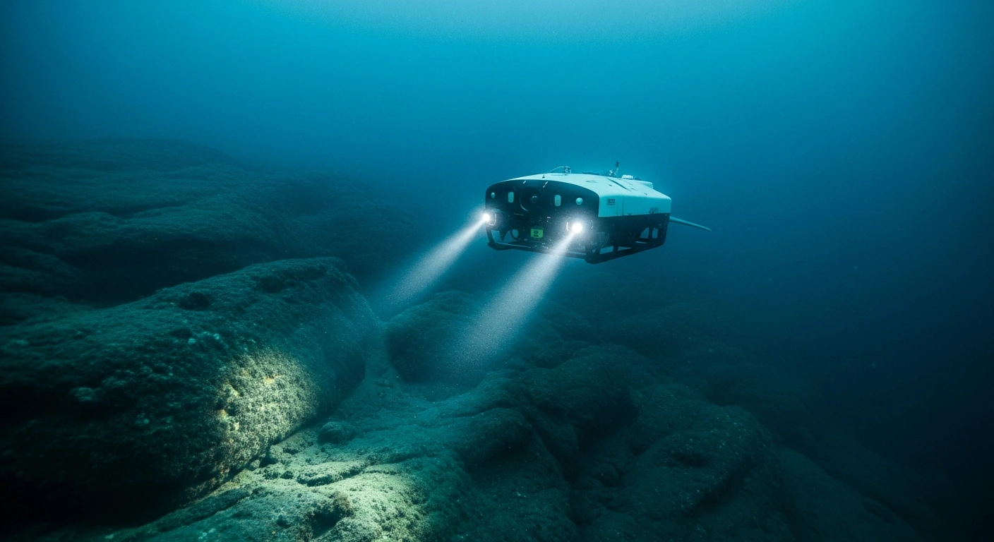 An autonomous underwater vehicle maps the rugged Norwegian seabed during a deep-sea research expedition.