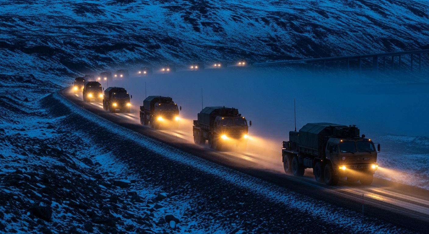 A military transport convoy travels through a mountainous Norwegian landscape as part of a strategic initiative to improve regional logistics and security cooperation with the European Union.