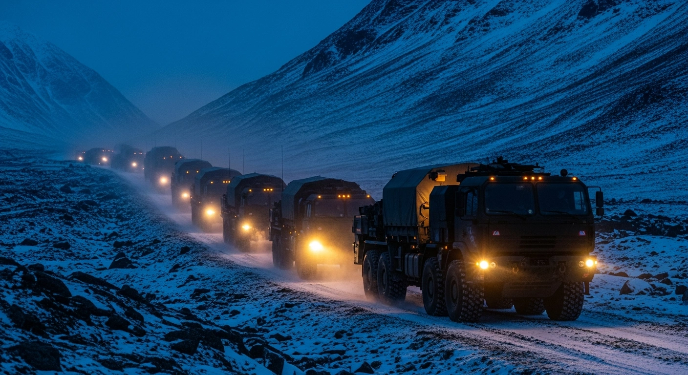 A military transport convoy drives through a snowy mountain pass in Norway as part of a strategic logistics initiative with the European Union.