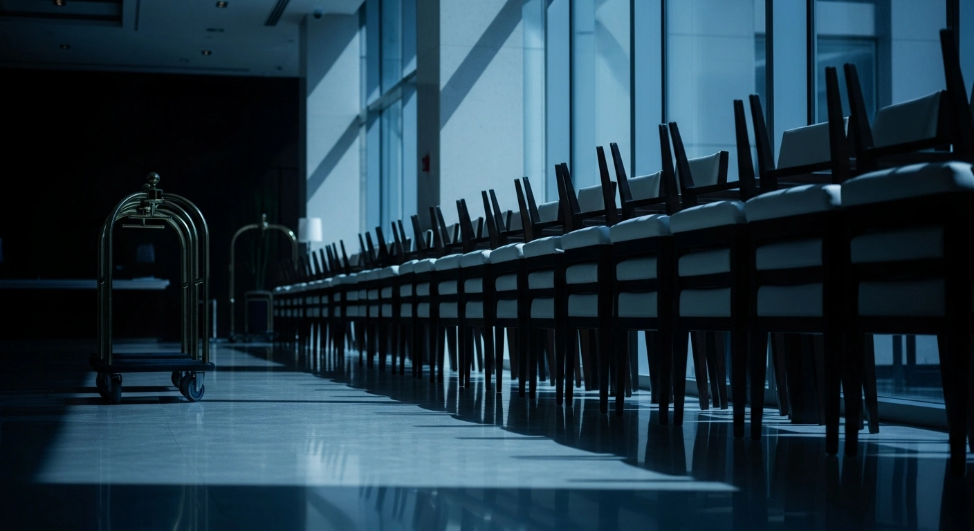Empty chairs and abandoned service equipment in a quiet hotel lobby represent the ongoing hospitality sector strike in Norway.