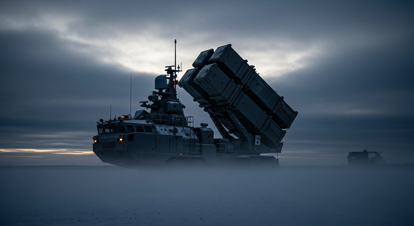A modern naval missile system stands on a cold, misty coastline representing the Norwegian government's decision to revoke a missile export contract with Malaysia.