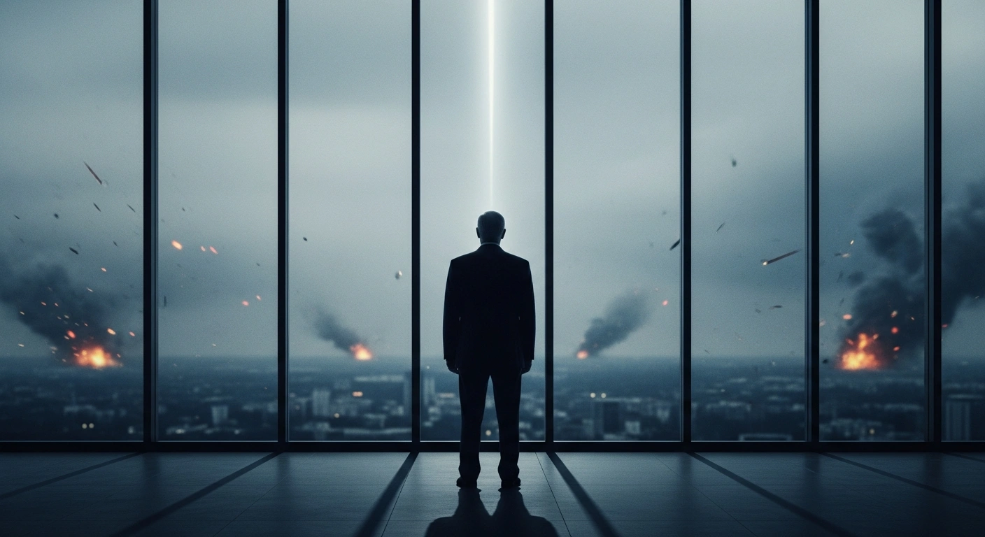 Norwegian Prime Minister Jonas Gahr Støre stands in a dimly lit room while looking out at a distant, war-torn landscape representing the conflict in Ukraine.