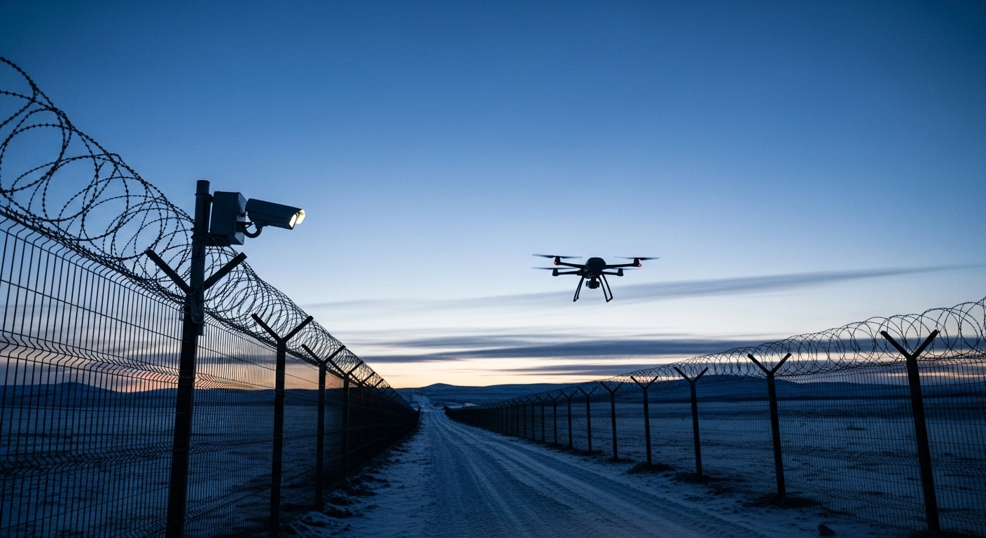 A newly fortified border between Norway and Russia features an imposing security fence, an advanced surveillance camera, and a hovering drone, symbolizing enhanced security measures backed by the European Commission.