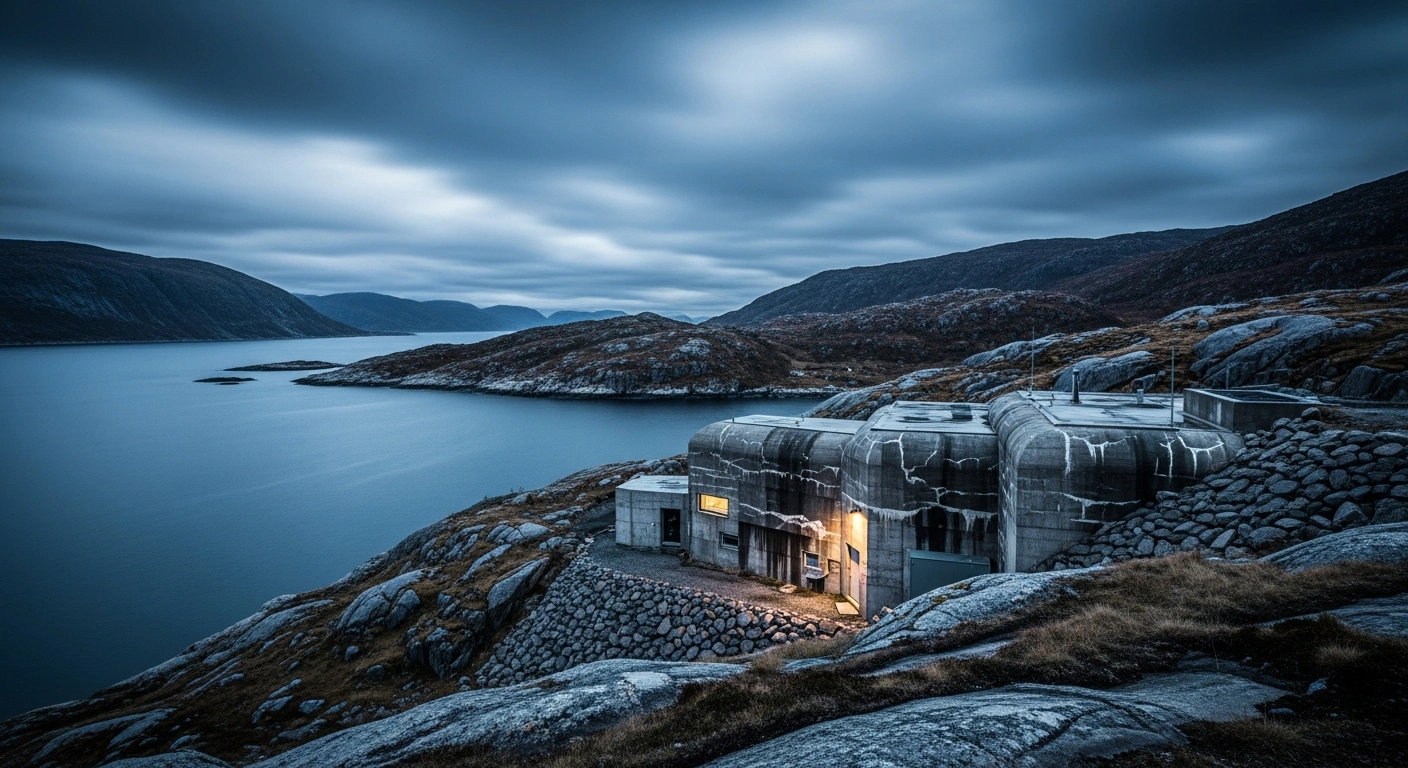A reinforced bunker stands on a rugged Norwegian coastline as part of a strategic national security initiative for food and fuel reserves.