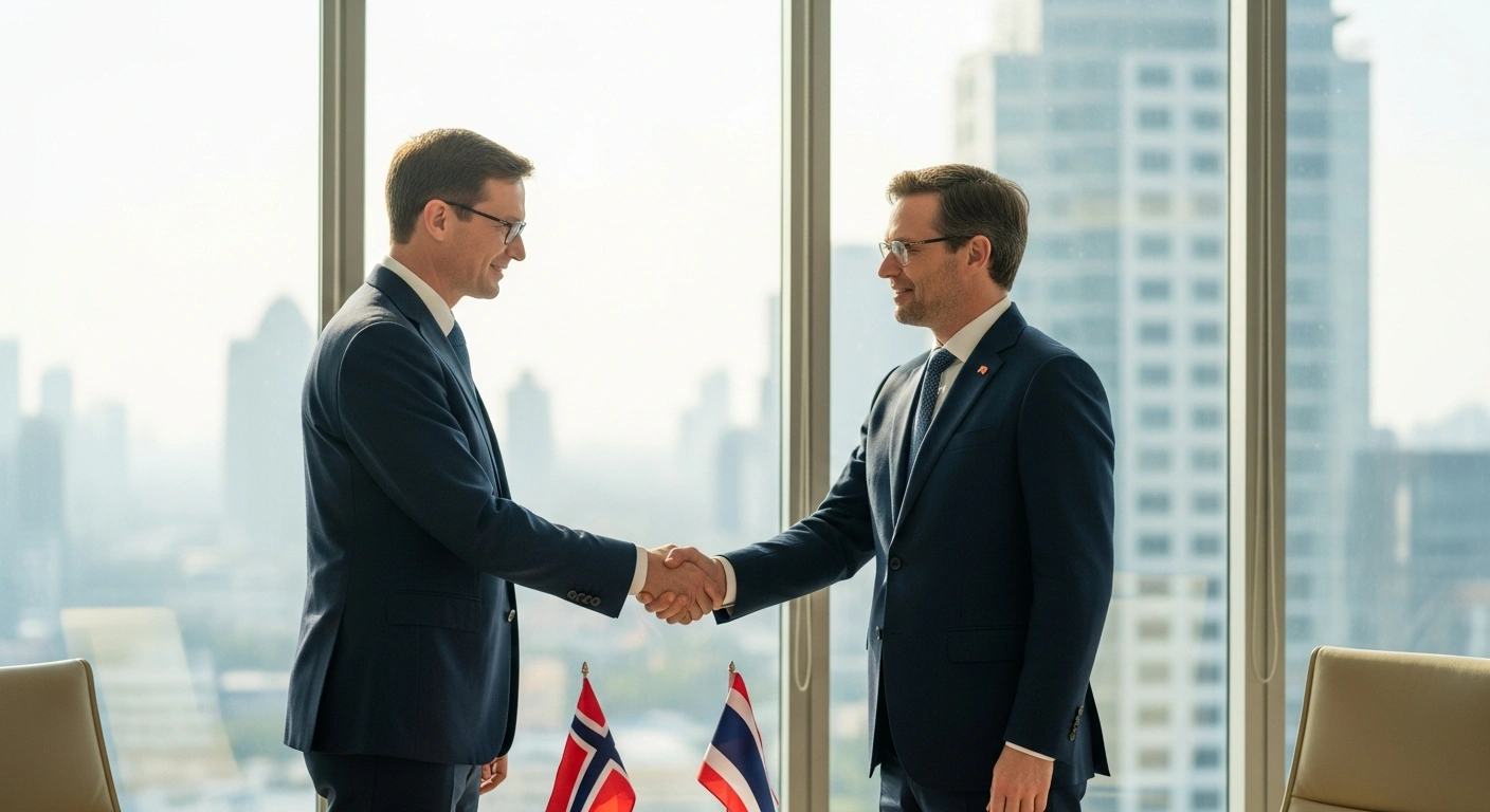 Diplomats from Norway and Thailand shake hands during a high-level forum in Bangkok focused on anti-corruption strategies and institutional integrity.