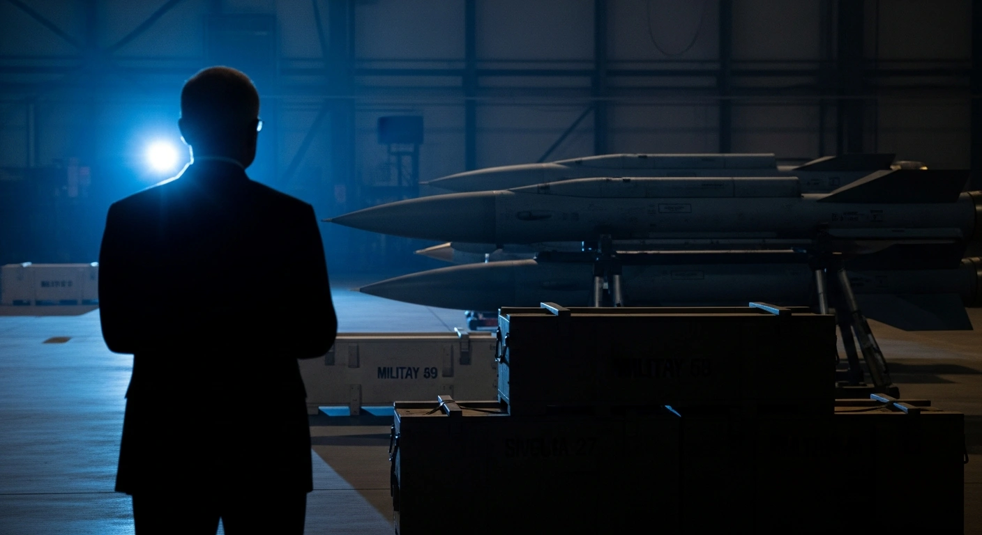 A statesman, representing Norway's Prime Minister Jonas Gahr Støre, stands in a dimly lit military hangar, observing crates of F-16 fighter jet ammunition, advanced precision weapons, and S-300 missiles, symbolizing the NOK 3.2 billion military aid package for Ukraine.
