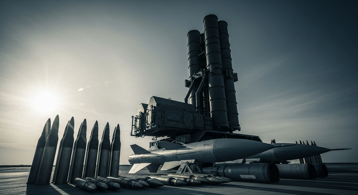 A low-angle photograph displays an S-300 surface-to-air missile system with its launchers silhouetted against a pre-dawn sky, alongside F-16 fighter jet ammunition and laser-guided missiles in the foreground, representing Norway's military aid to Ukraine.