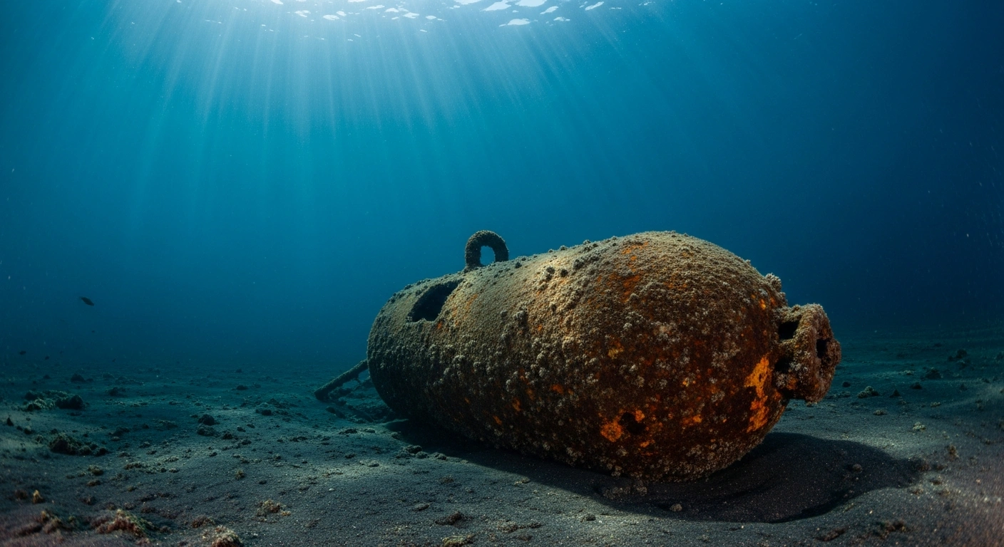 A rusted World War II naval mine lies on the seabed in Norwegian coastal waters, representing the million tons of unexploded munitions scattered across the region.