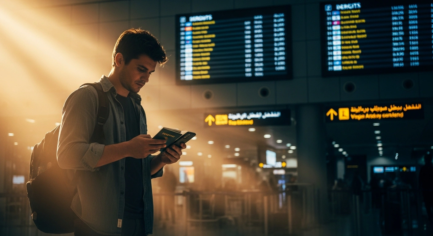A traveler in an airport terminal seeks assistance from the Norwegian Ministry of Foreign Affairs during regional escalations in the Middle East.