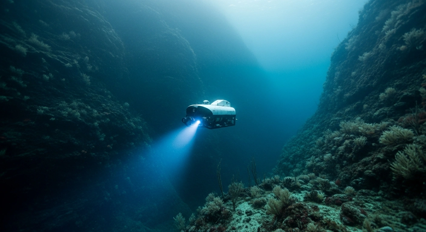 An autonomous underwater vehicle explores the dark Norwegian seabed to collect geological data for the Norwegian Offshore Directorate.