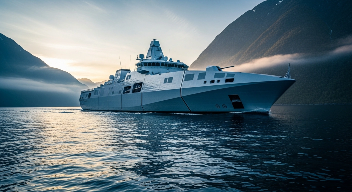 A modern, modular naval vessel designed by Kongsberg and Salt Ship Design sails through a Norwegian fjord as part of the Norwegian Navy fleet modernization project.