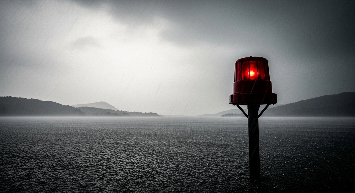 A wide, low-angle shot depicts torrential rain over Japan's Noto Peninsula, with a partially submerged disaster alert siren flickering weakly in a flooded landscape, symbolizing the 16 fatalities and questions about the national disaster alert system.
