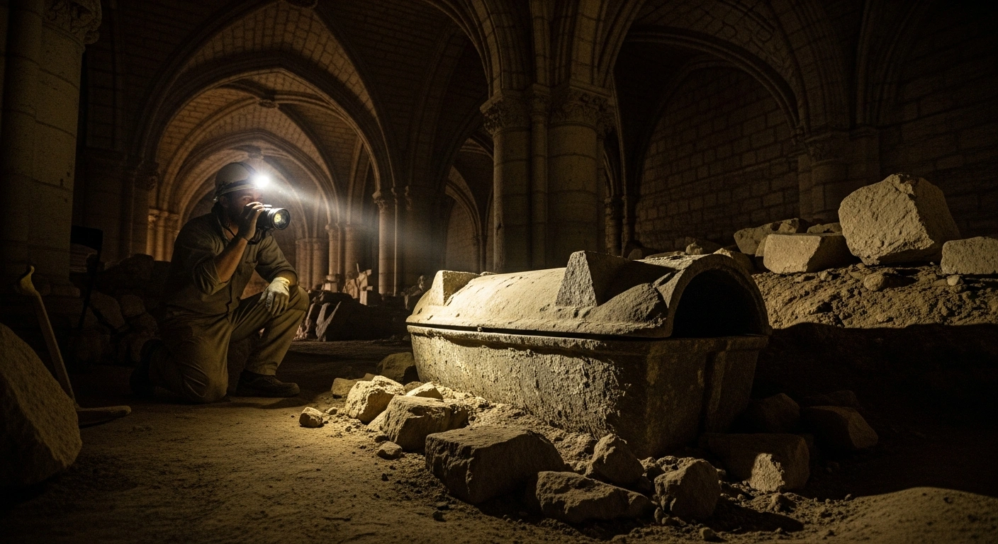An archaeologist examines an ancient lead sarcophagus discovered during restoration work beneath the Notre-Dame Cathedral in Paris.
