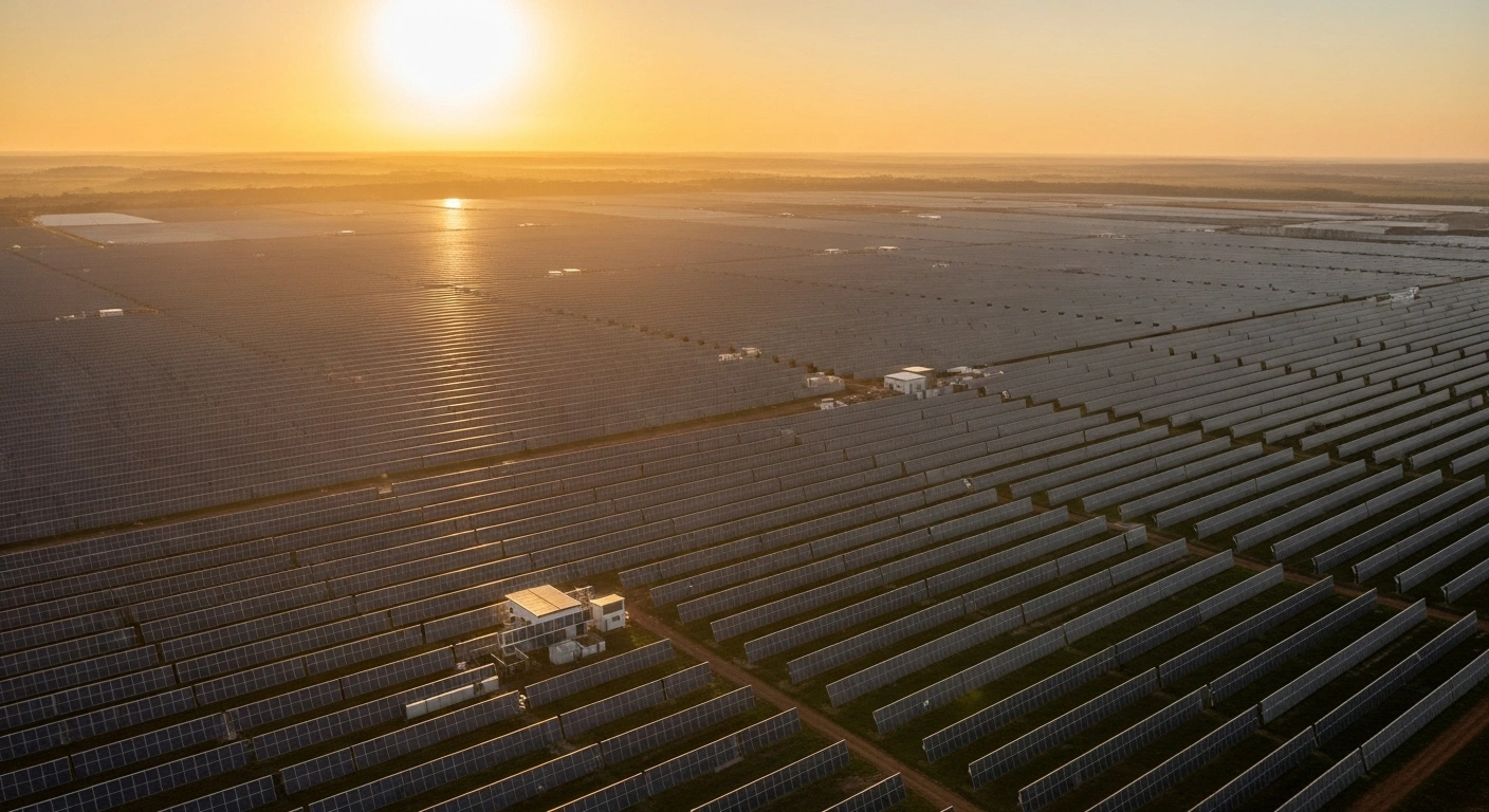An aerial view of the vast Novo Oriente photovoltaic complex in Ilha Solteira, São Paulo, Brazil, featuring thousands of solar panels stretching to the horizon under a golden sunset, representing its 254.5 MW contribution to renewable energy.