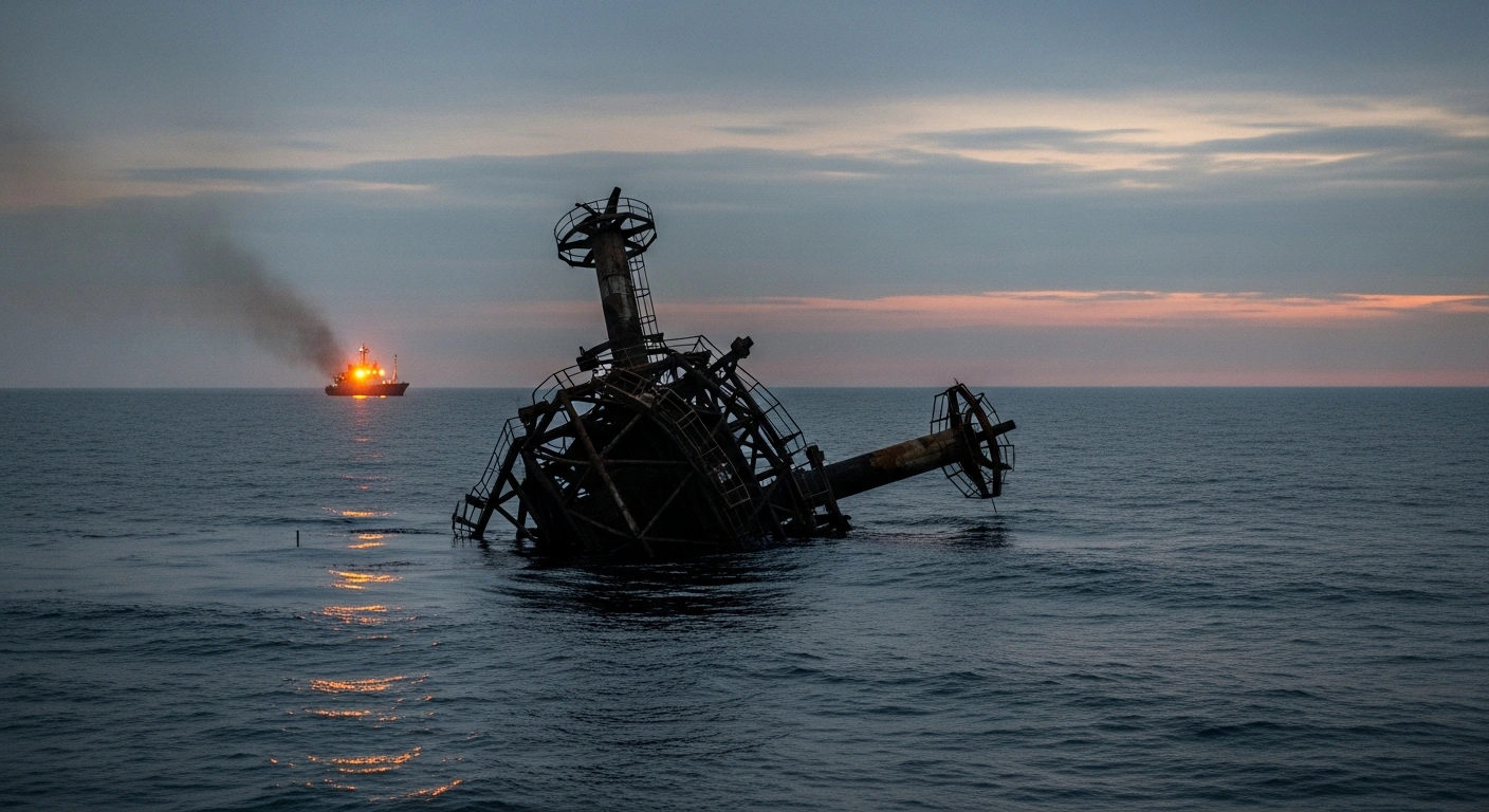 A heavily damaged Single Mooring Point (SMP-2) at a Russian oil terminal near Novorossiysk is shown partially submerged with an oil sheen on the water, indicating suspended operations after a sea drone attack disrupted the export route for Kazakh oil.