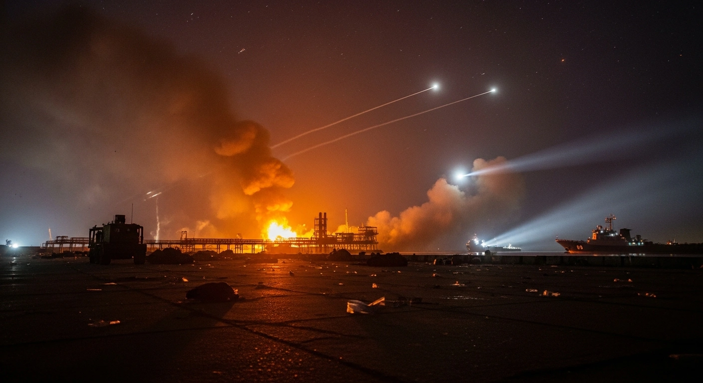 A wide, low-angle view of Russia's Novorossiysk port at night, showing a damaged oil terminal engulfed in flames, a smoldering landing ship, and searchlights cutting through smoke from ongoing air defense operations, following a Ukrainian drone attack.