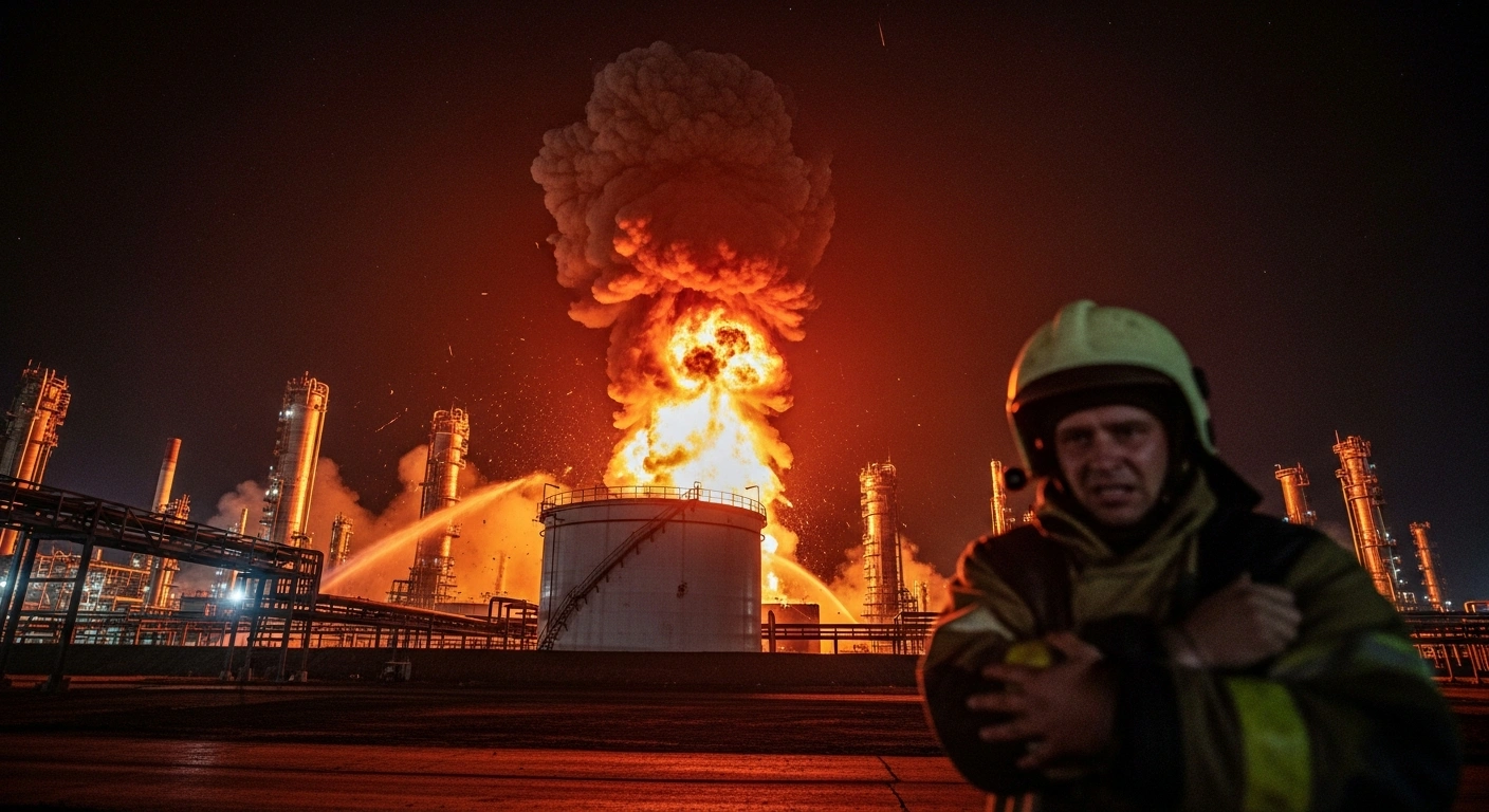 A wide, low-angle view of the Novoshakhtinsk oil refinery in Russia's Rostov Oblast at night, engulfed in massive fires and explosions after being struck by British-supplied Storm Shadow missiles, with an injured firefighter visible in the foreground.
