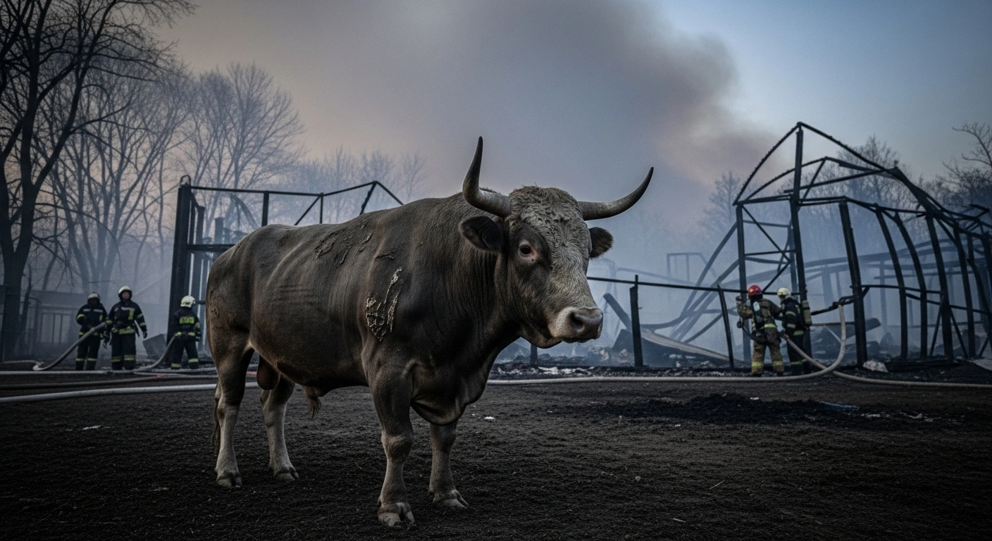 A rescued bull stands in the smoky aftermath of a devastating fire at the Novosibirsk Zoo, with charred animal enclosures and distant emergency lights visible in the background, as firefighters continue their work.