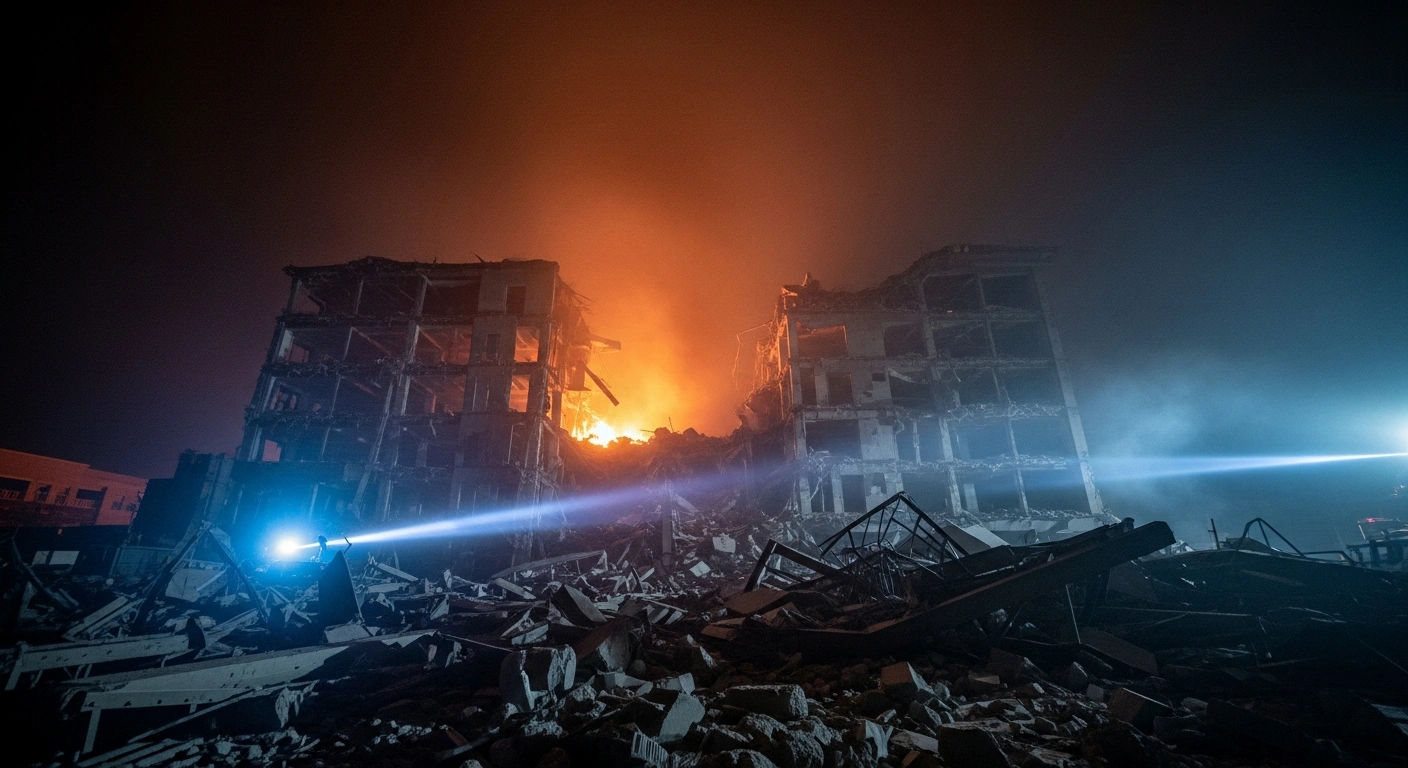 A wide, low-angle shot captures the devastating aftermath of an accidental explosion at the Nowgam Police Station in Srinagar, Jammu and Kashmir, at night, with smoke, debris, and the flickering orange glow of residual fires illuminated by emergency vehicle lights, after officials examined confiscated explosives.