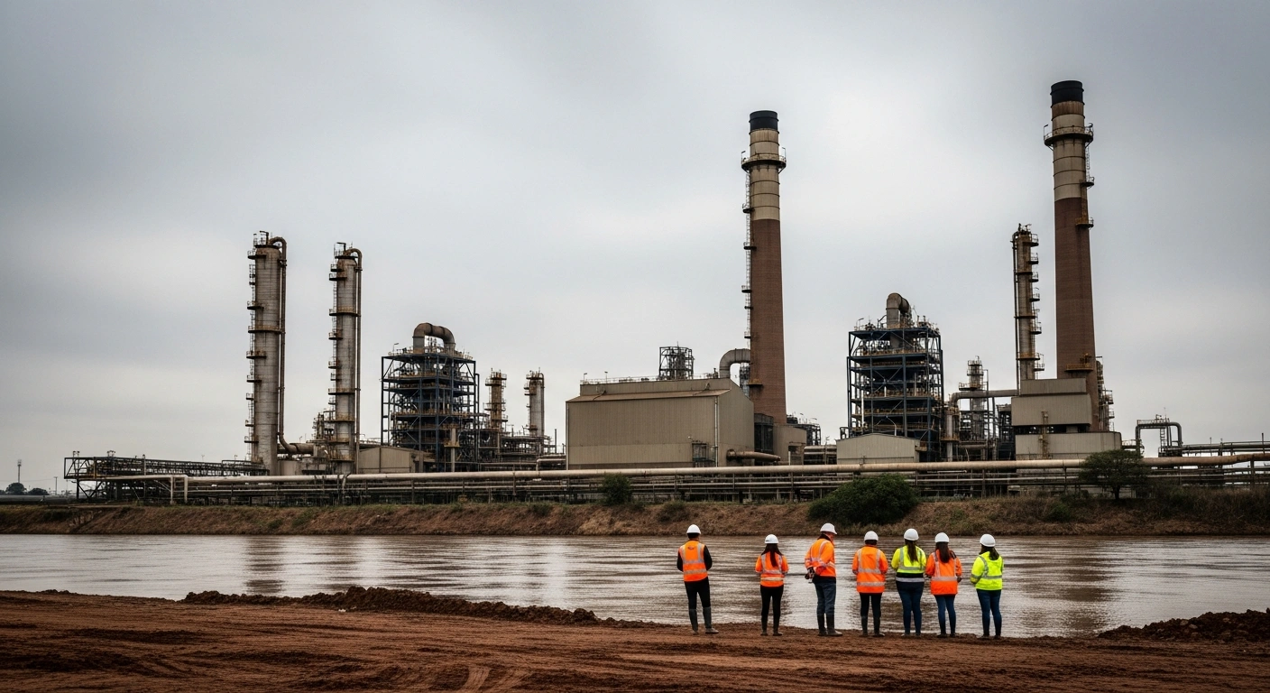 Investigators from the National Prosecuting Authority inspect the banks of the Vaal River near the Sasol Secunda industrial plant during an environmental investigation.
