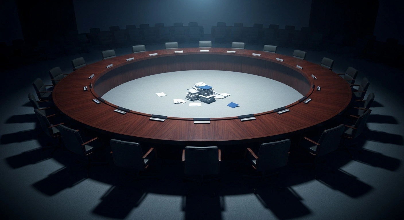 An empty, dimly lit conference room signifies the failure of the 10th Nuclear Non-Proliferation Treaty review conference to reach a consensus.