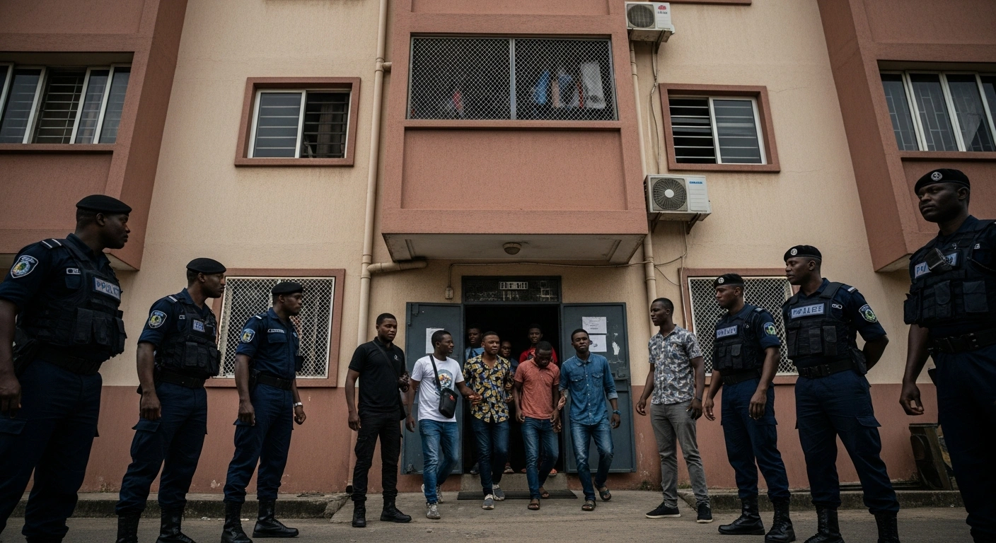 Nigeria Security and Civil Defense Corps officers rescue youths from an illegal university operating inside a residential apartment building in Lagos.