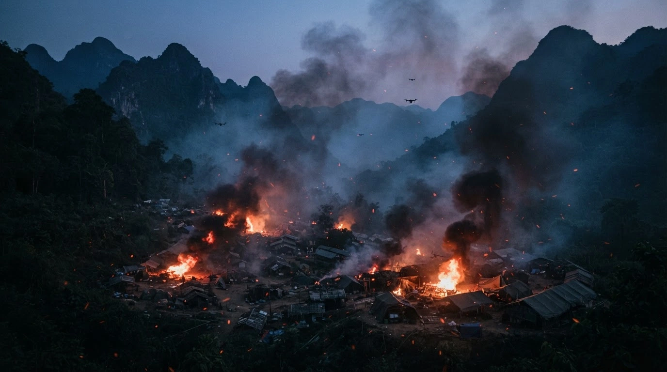 A remote mountain camp in Myanmar's Naga Self-Administered Zone is struck by a drone attack causing multiple explosions at dusk.