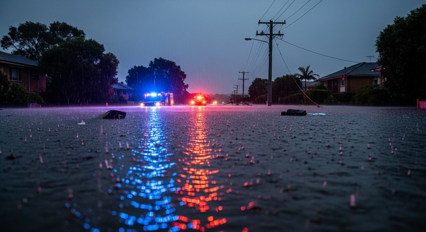 A flooded street in New South Wales at twilight, with heavy rain and the reflecting blue and red emergency lights of a rescue vehicle, depicting the severe flash flooding and emergency response during the January 17-18, 2026, thunderstorms that impacted Sydney and the Central Coast.