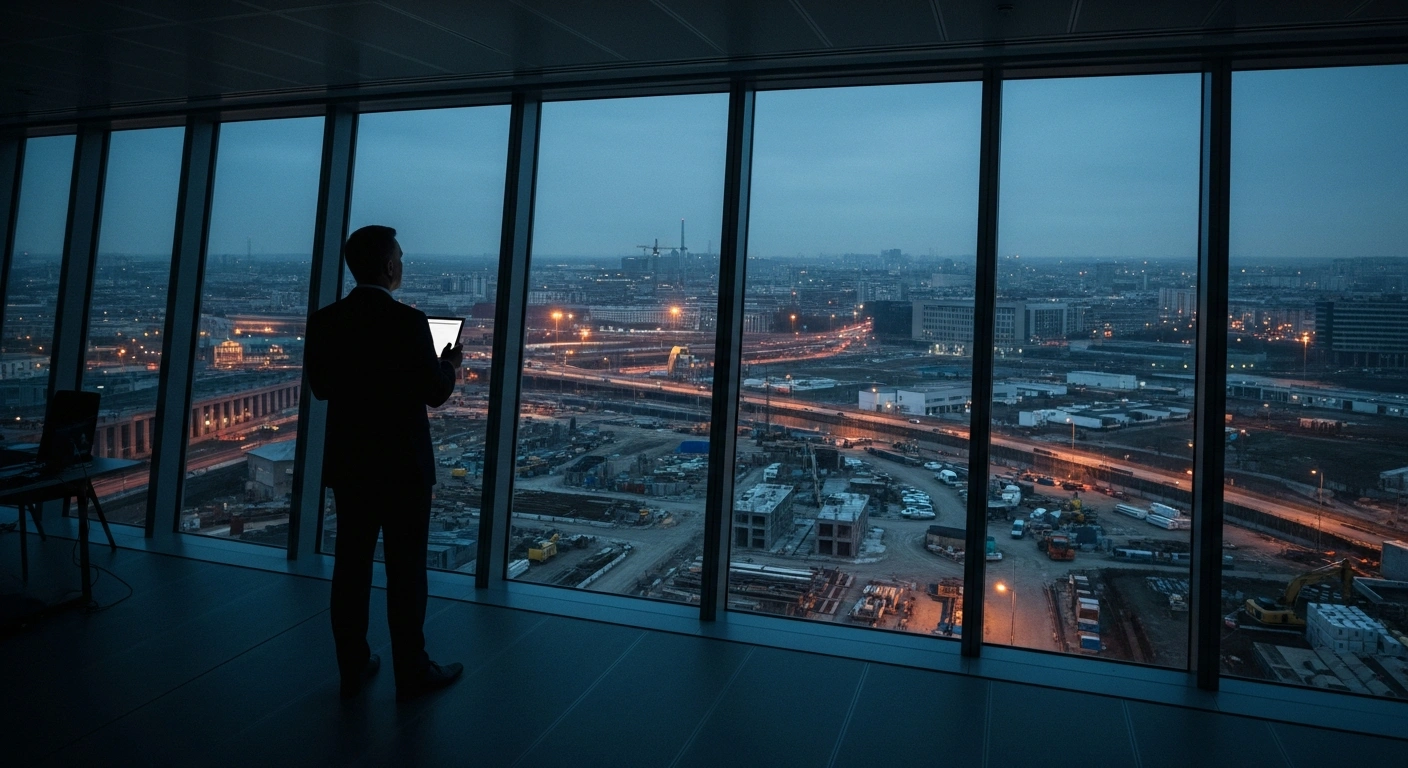 NSW Premier Chris Minns stands in a modern office overlooking a large urban construction site while discussing infrastructure funding equity.