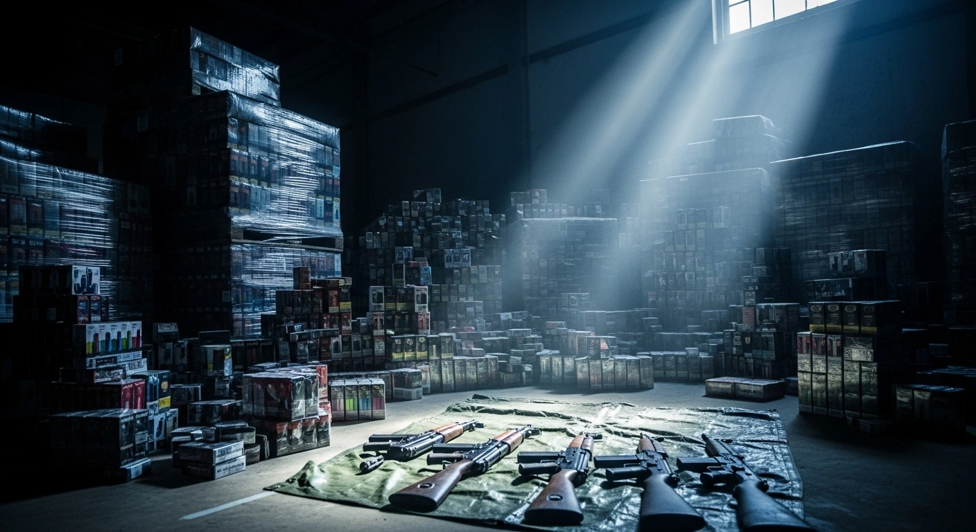 A dramatic, low-angle view of a warehouse floor showing stacks of seized illicit tobacco and vape boxes, with five unregistered firearms prominently displayed on a tarp, representing a major NSW Police operation.