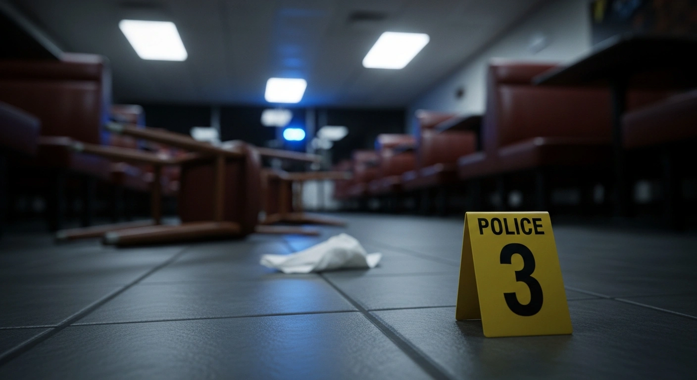 A police evidence marker stands on a tiled floor in a dimly lit restaurant, indicating the scene of a stabbing incident where a 40-year-old man was charged by NSW Police for assaulting a 63-year-old man.