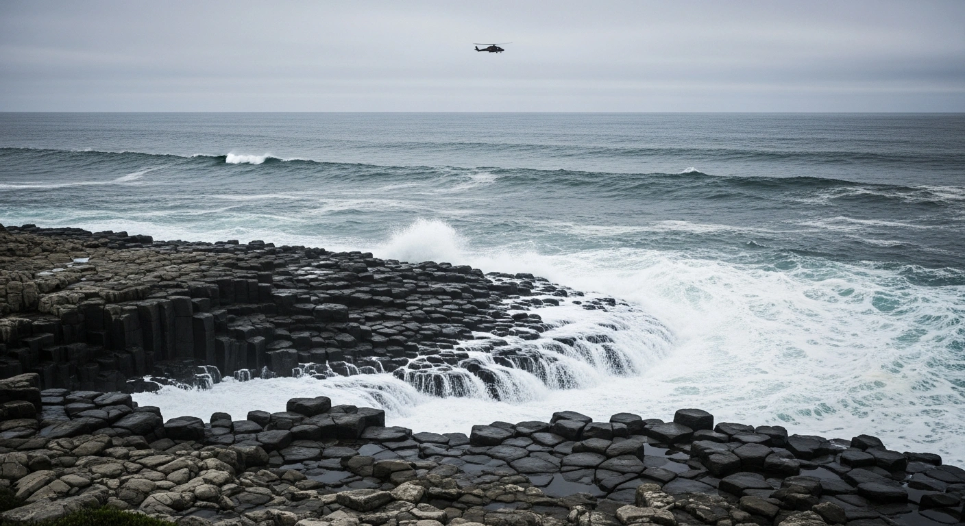 A turbulent ocean crashes against the jagged rocks of the New South Wales north coast during a search and rescue operation.