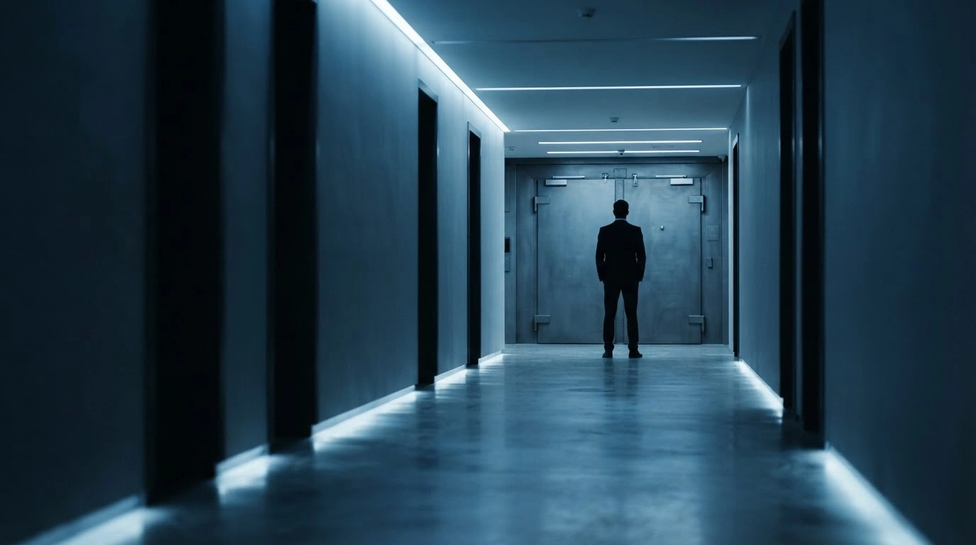 A professional stands in a modern office corridor representing the administrative restructuring and security reforms of India's National Testing Agency.