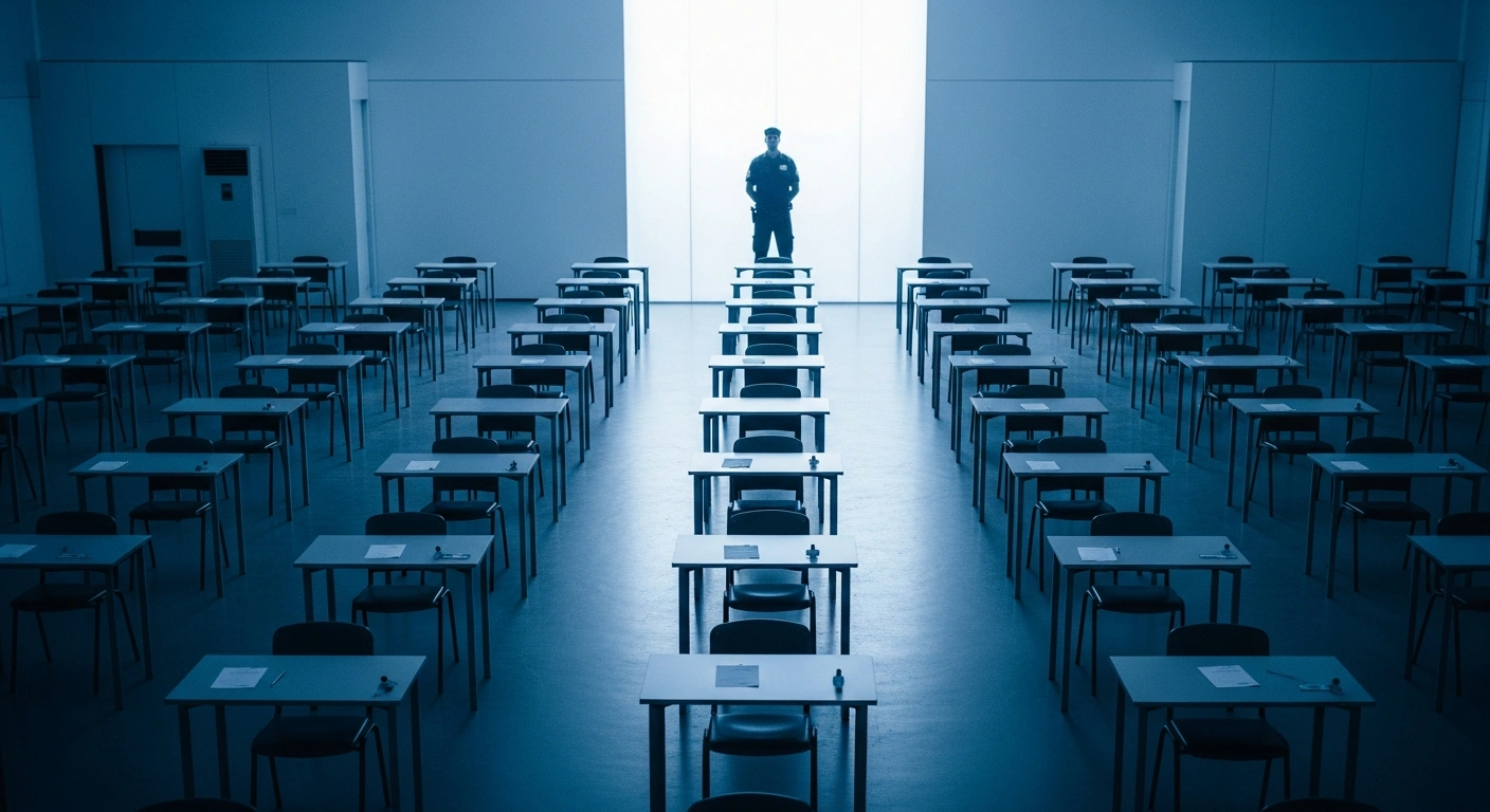 A security official monitors a quiet, organized examination hall during a nationwide mock drill conducted by the National Testing Agency for the NEET-UG re-examination.