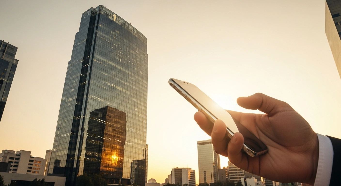 A professional holds a smartphone in front of a modern skyscraper in Mexico City to represent Nu securing its official banking license.