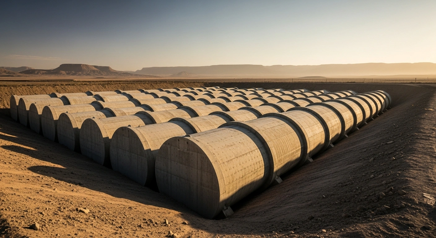 A wide view of a nuclear waste storage facility featuring rows of concrete casks in a desert landscape as part of a Department of Energy proposal.