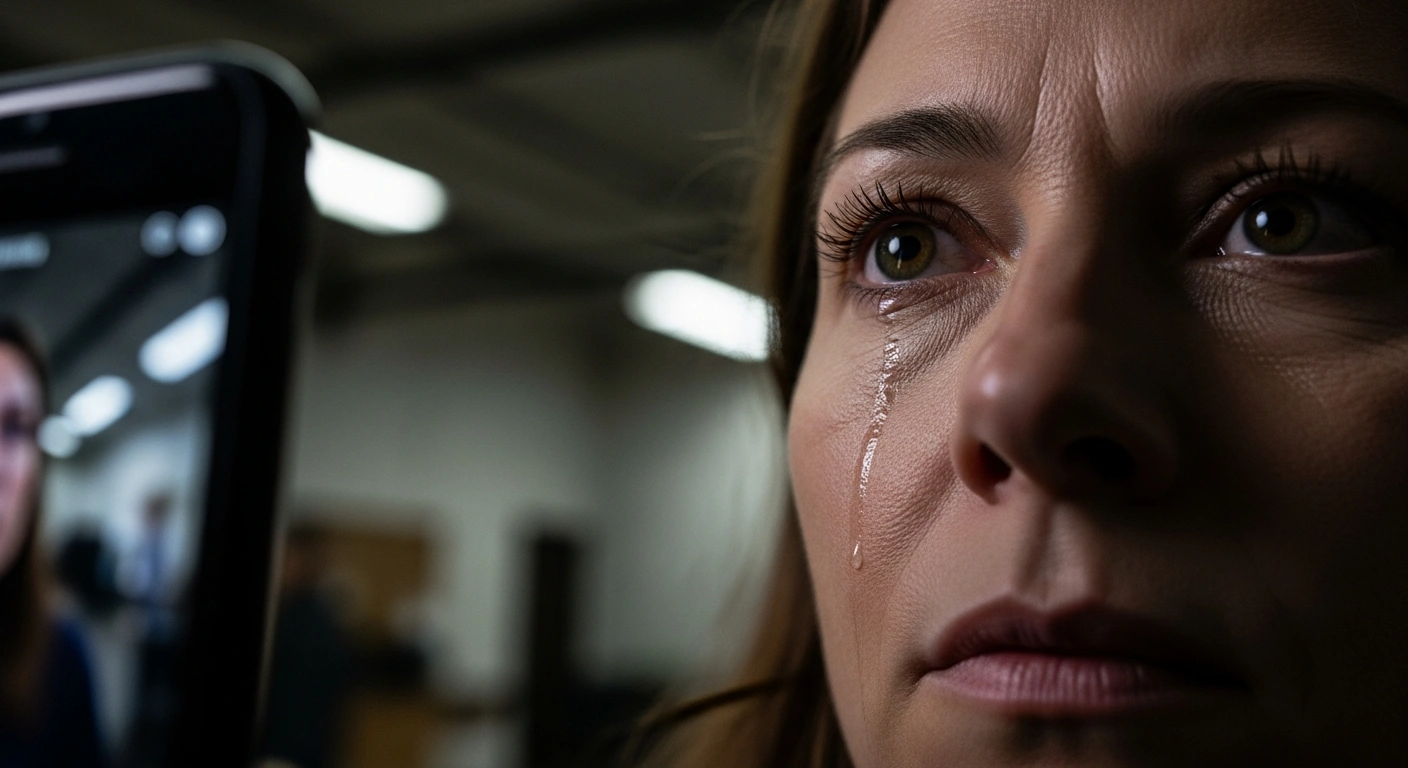 A woman's face, illuminated by the cold glow of a smartphone screen, shows profound weariness and fear, symbolizing the resignation of Phakamile Hlubi-Majola from Numsa after receiving a death threat and raising concerns about union safety.